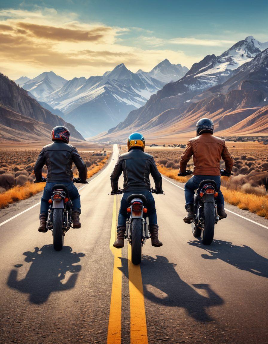 A diverse group of bikers showcasing essential biker apparel like protective helmets, sleek leather jackets, durable gloves, and rugged boots. Highlight varied styles and colors, emphasizing both safety gear and fashion. The background depicts an open road with a backdrop of scenic mountains. super-realistic. vibrant colors.