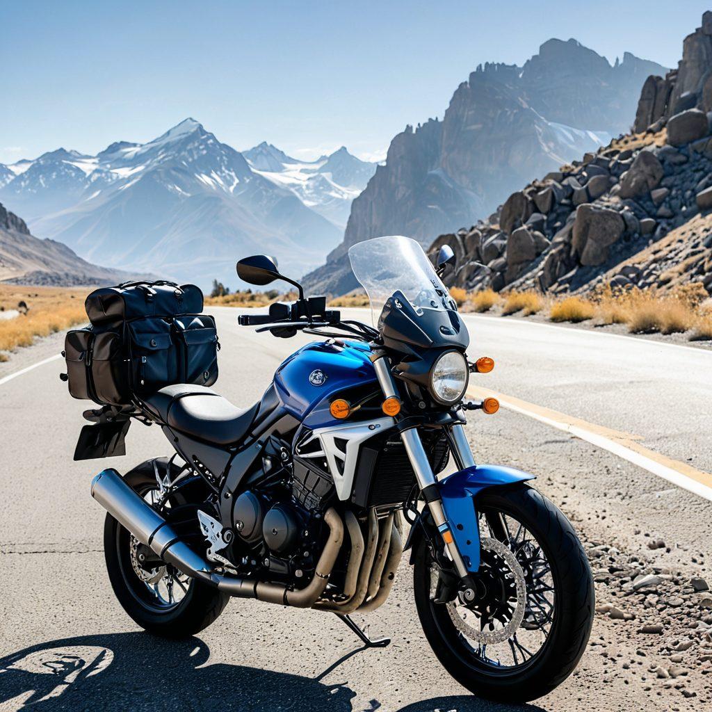 A sleek, modern motorcycle parked beside an open road, surrounded by essential riding gear: a stylish helmet, durable gloves, sturdy boots, and a weather-resistant jacket. The image also features panniers and a smartphone holder attached to the bike. Scenic mountains in the background under a clear blue sky evoke a sense of adventure. Super-realistic. Vibrant colors. White background.